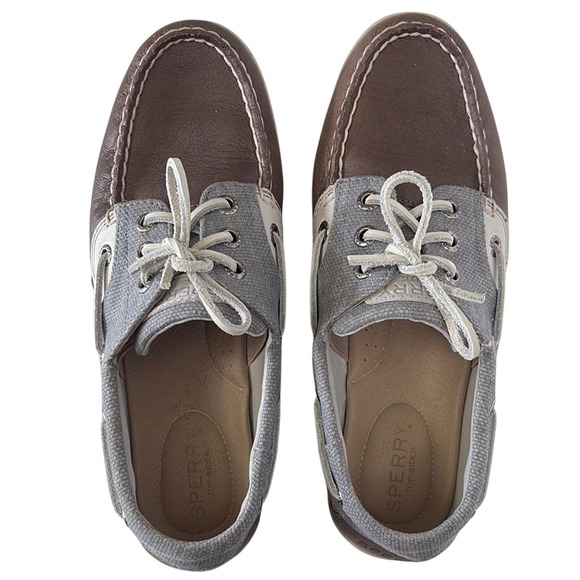 Sperry Top-Sider Boat Shoes Brown Leather Gray Canvas Preppy Coastal Womens 7 - Picture 7 of 10